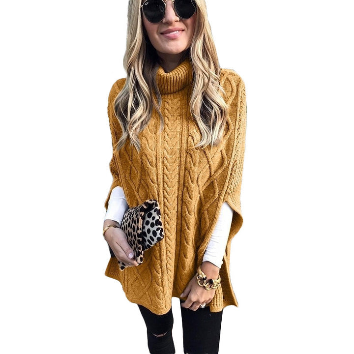 Damen nan kastiger Strickponcho mit hohem Rollkragen, Zopfstruktur und seitlichen Schlitzen Drune