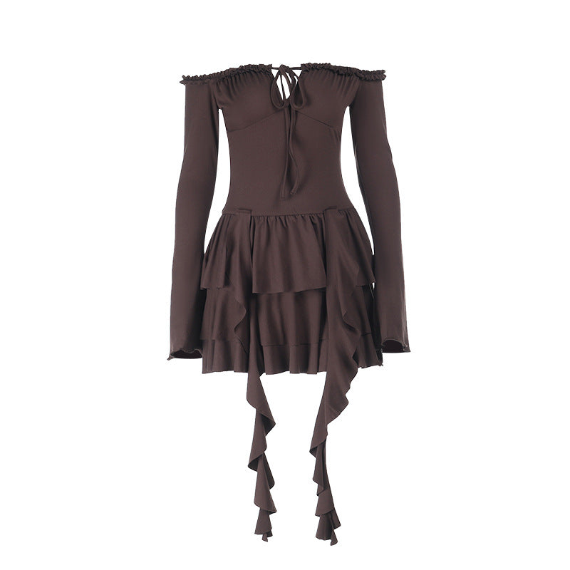 Damen elegantes Kleid mit Rüschendetails und langen Ärmeln Drune