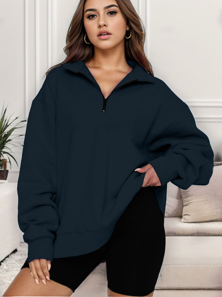 Damen nan übergroßes Sweatshirt mit Halbreißverschluss und Stehkragen Drune