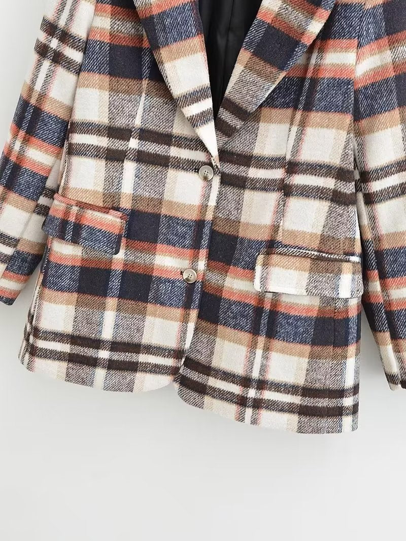 Damen Karierter Wollmix-Einreiher Blazer mit Reverskragen und Pattentaschen Drune