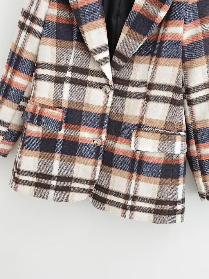 Damen Karierter Wollmix-Einreiher Blazer mit Reverskragen und Pattentaschen Drune