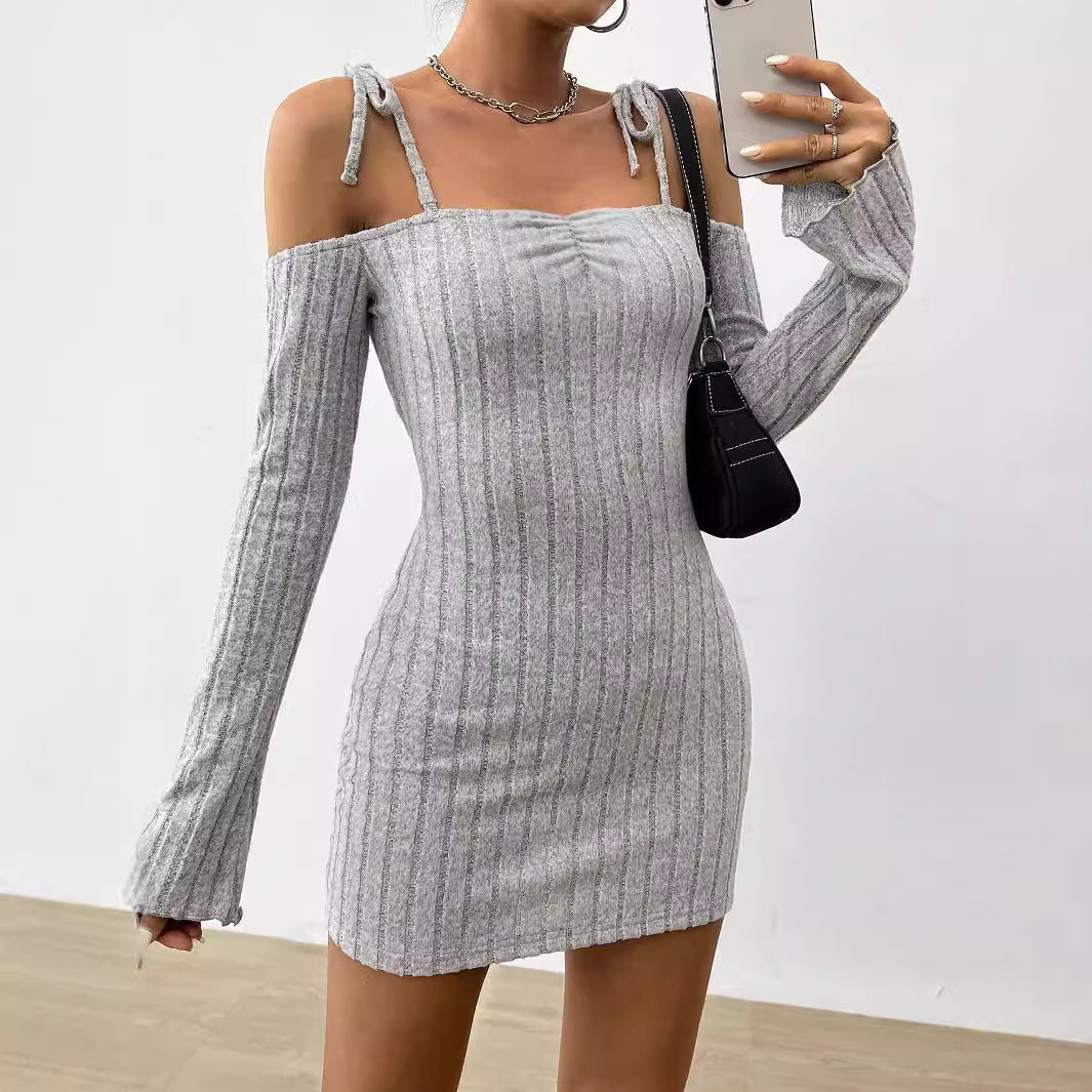 Damen geripptes One-Shoulder-Strickminikleid mit Bindeträgern taillierter Bodycon-Passform Drune