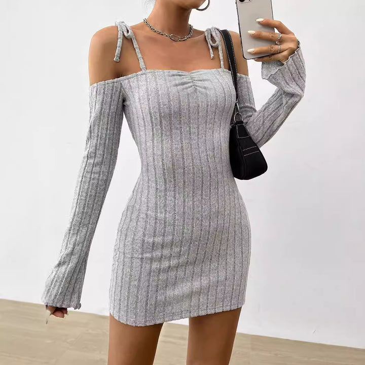 Damen geripptes One-Shoulder-Strickminikleid mit Bindeträgern taillierter Bodycon-Passform Drune