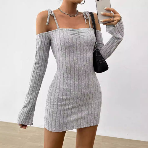 Damen geripptes One-Shoulder-Strickminikleid mit Bindeträgern taillierter Bodycon-Passform Drune