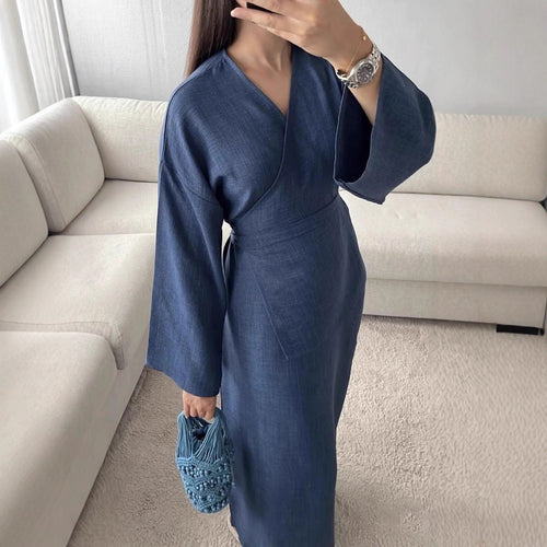 Damen Wickelmaxikleid in Leinenoptik mit Kimonoärmeln und Taillenbund Drune