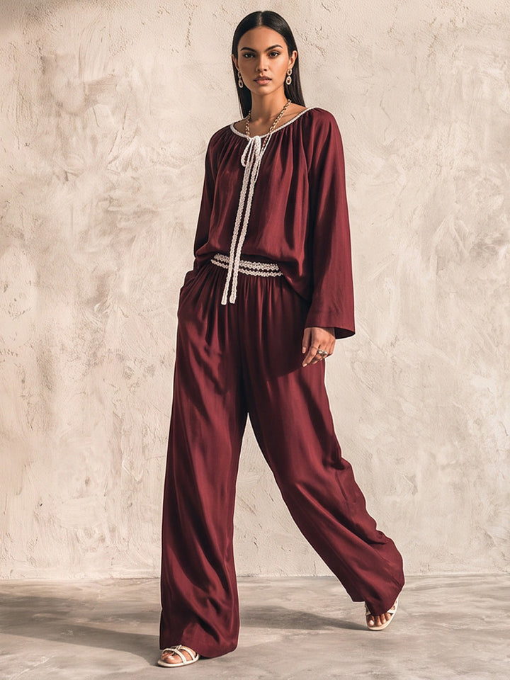 Damen Fließendes zweiteiliges Loungewear-Set aus Seidenoptik mit weiter Palazzohose und geraffter Tunika Drune