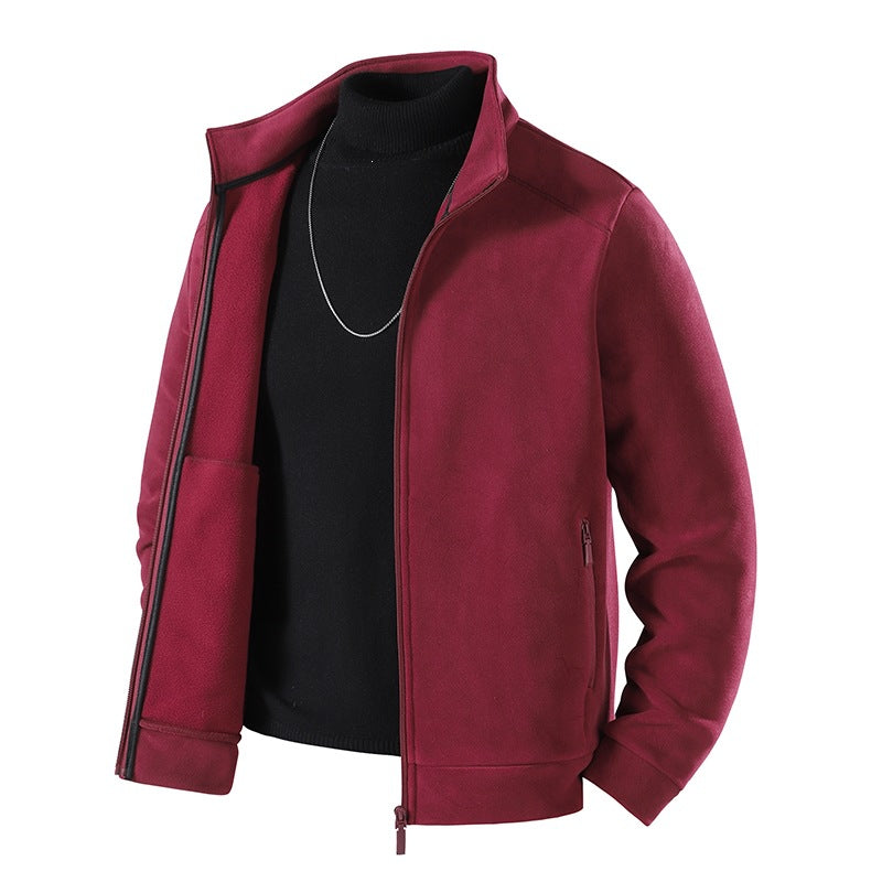 Herren Schlichte Velours-Optik Übergangsjacke mit hochschließendem Stehkragen, verdecktem Zwei-Wege-Reißverschluss & Zip-Taschen Drune