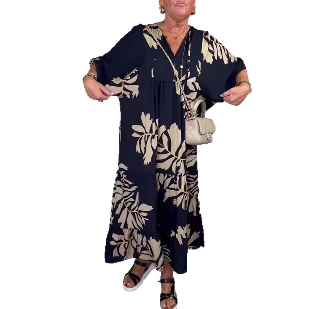 Damen nan lockeres Stufenmidikleid mit V-Ausschnitt und großflächigem Blumenprint Drune