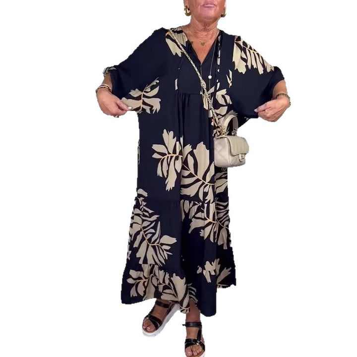 Damen nan lockeres Stufenmidikleid mit V-Ausschnitt und großflächigem Blumenprint Drune