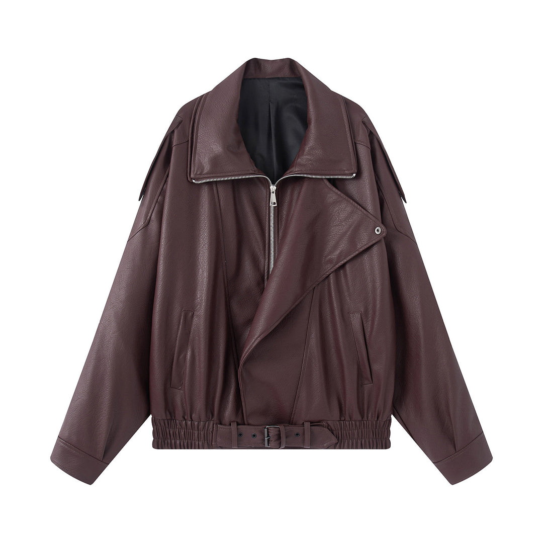 Damen nan oversized Biker-Blouson aus veganer Lederoptik mit asymmetrischem Reißverschluss, breitem Schalkragen und taillenbetonendem Gürtel Drune