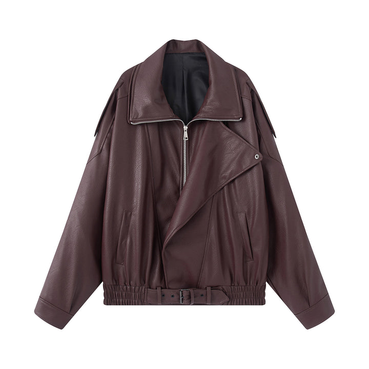Damen nan oversized Biker-Blouson aus veganer Lederoptik mit asymmetrischem Reißverschluss, breitem Schalkragen und taillenbetonendem Gürtel Drune