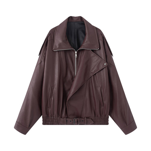 Damen nan oversized Biker-Blouson aus veganer Lederoptik mit asymmetrischem Reißverschluss, breitem Schalkragen und taillenbetonendem Gürtel Drune