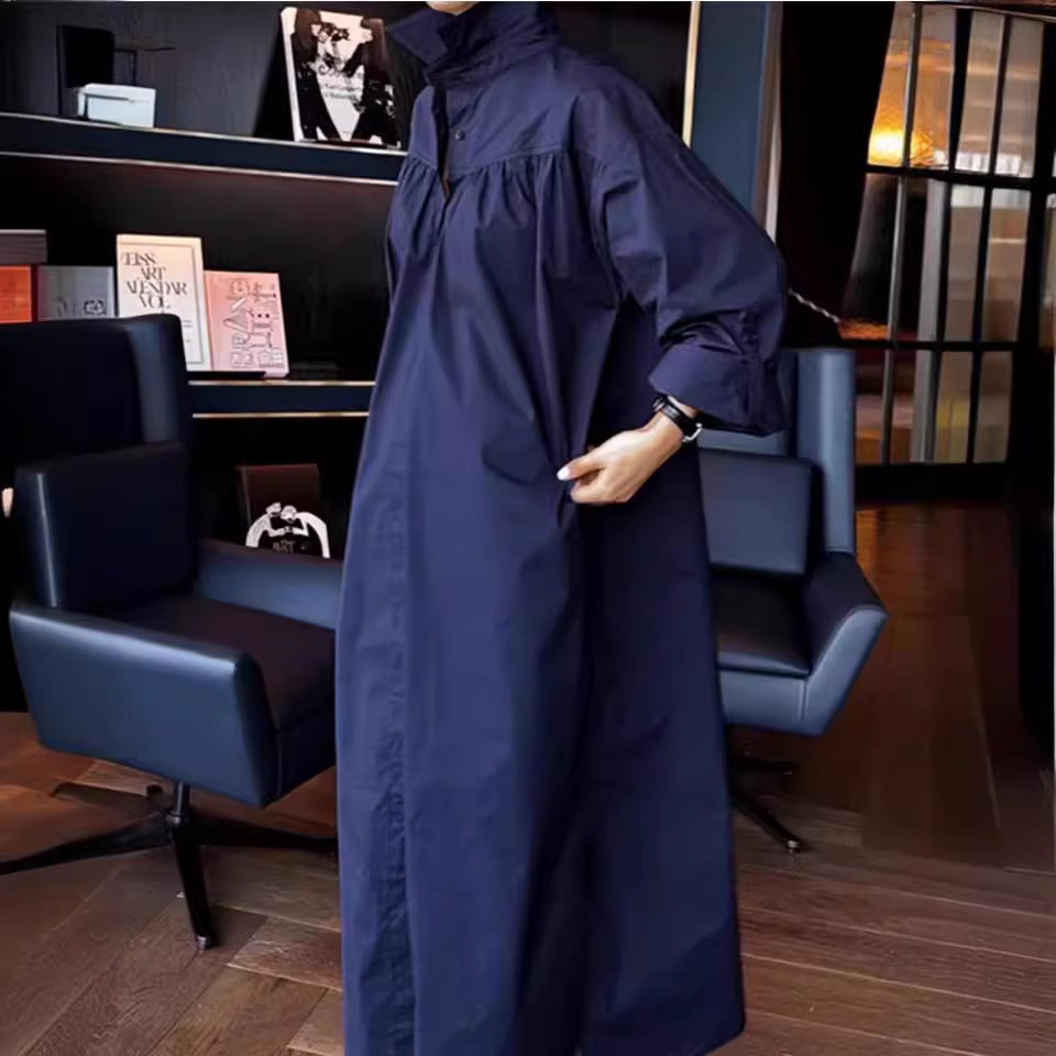 Damen Langes Boxy-Hemdblusenkleid mit hohem Stehkragen und verdeckter Knopfleiste Drune