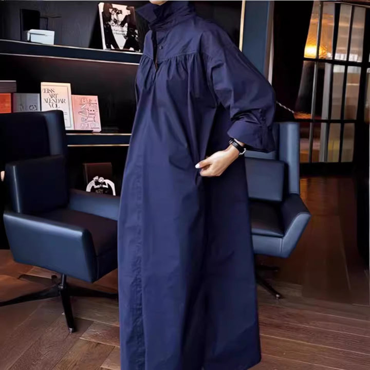 Damen Langes Boxy-Hemdblusenkleid mit hohem Stehkragen und verdeckter Knopfleiste Drune