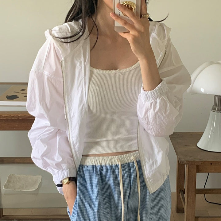 Damen leichte Übergangsjacke mit Kapuze und voluminösen Ärmeln Drune
