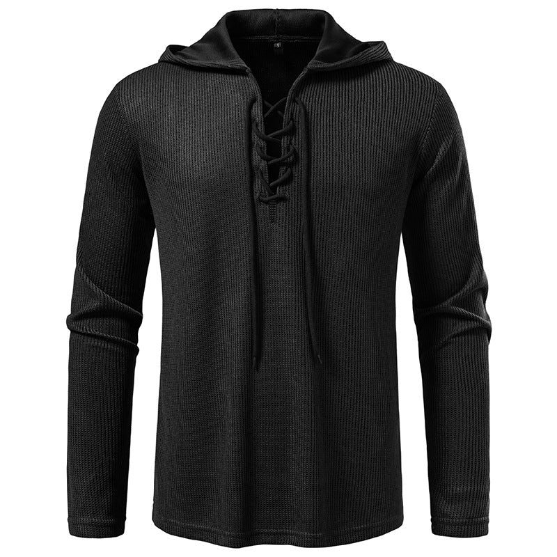 Herren Waffelstrick-Kapuzenpullover mit Schnürkragen und geradem Saum Drune