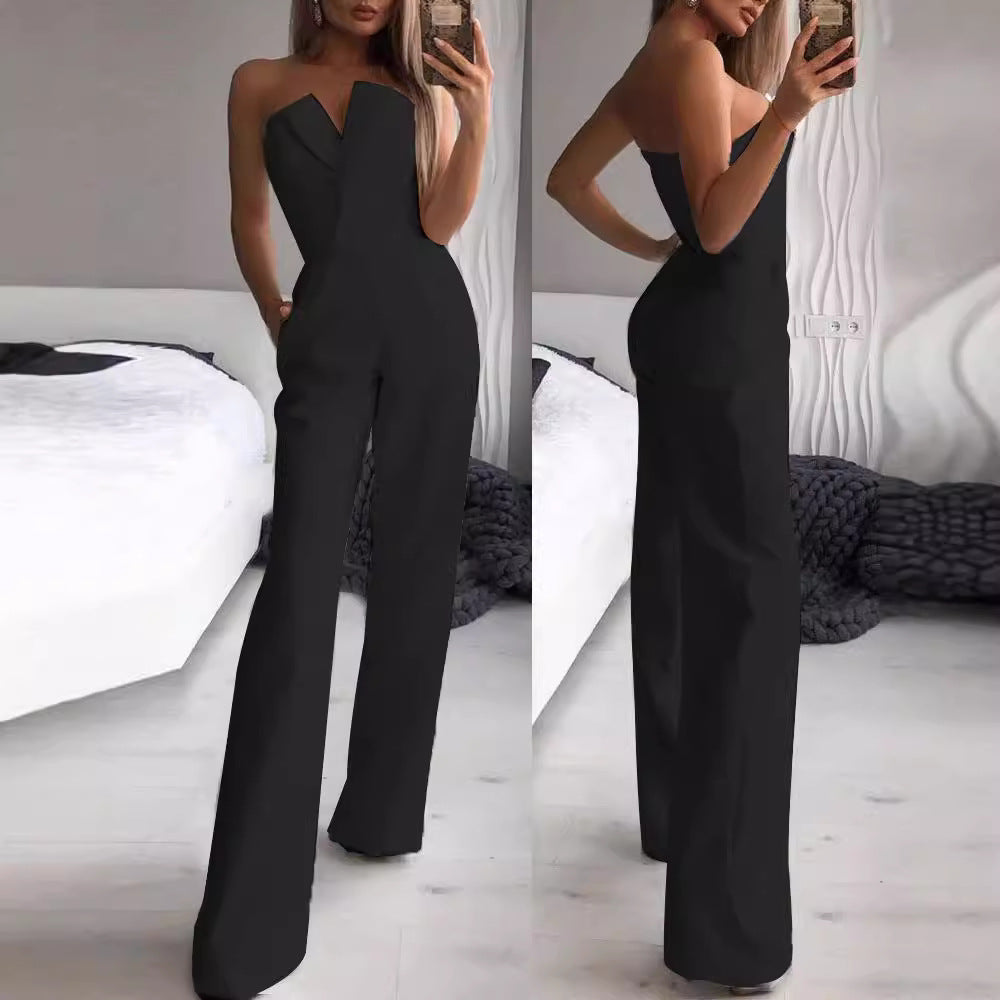 Damen Eleganter Jumpsuit mit tiefem V-Ausschnitt und weitem Bein Drune