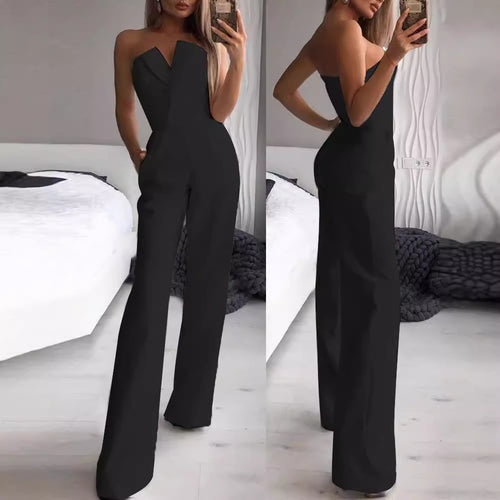 Damen Eleganter Jumpsuit mit tiefem V-Ausschnitt und weitem Bein Drune
