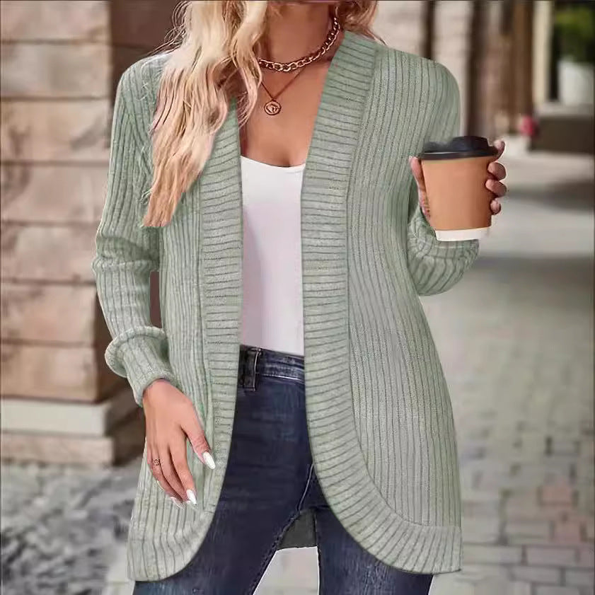 Damen Langer Offener Rippstrick-Cardigan mit abgerundetem Saum Drune
