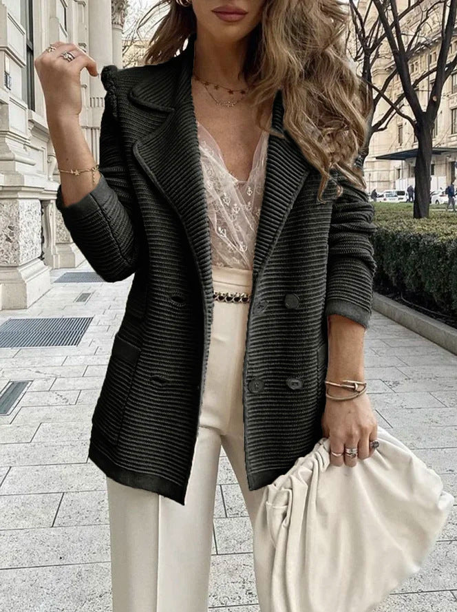 Damen Strukturierter Strick-Blazer mit Reverskragen und Doppelknopfleiste Drune