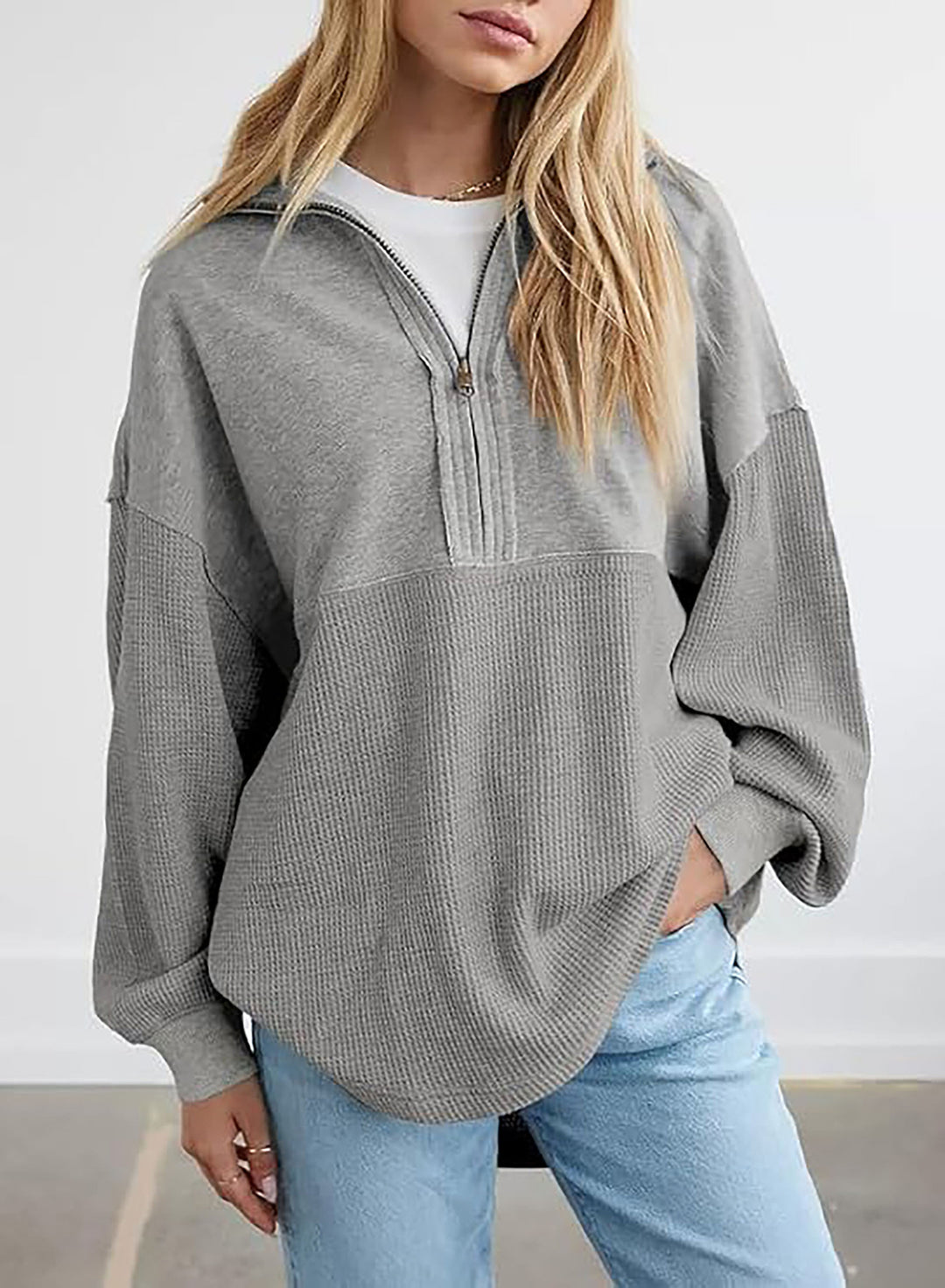 Damen lässiger Kapuzenpullover mit halblangem Reißverschluss und strukturiertem Material Drune