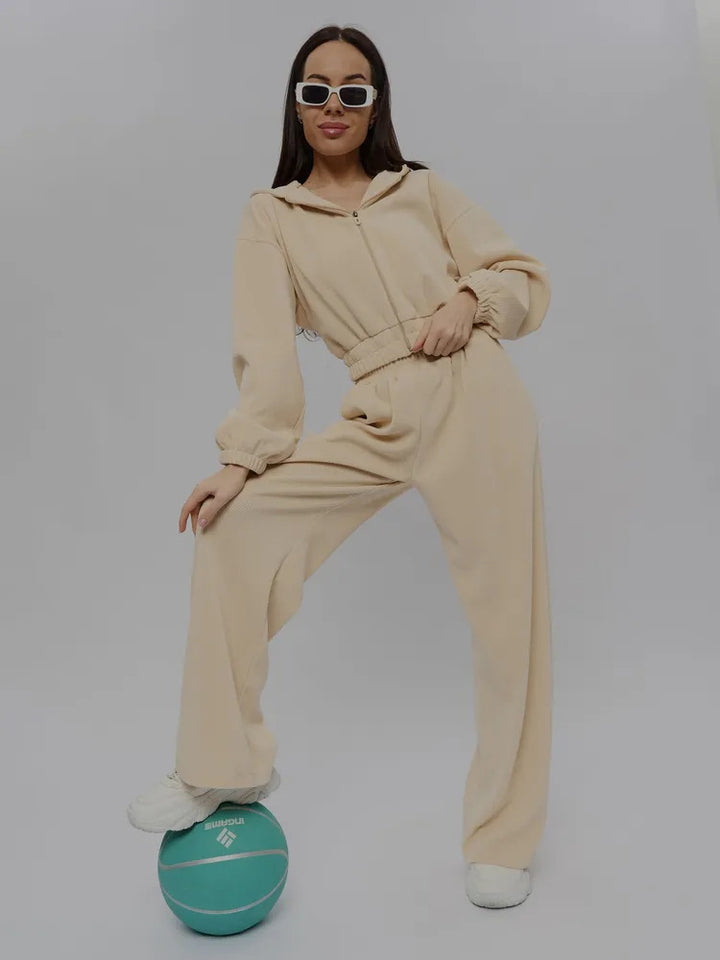 Damen Velours-Loungewear-Set mit kurzem Reißverschluss-Hoodie und weiter hochgeschnittener Palazzohose Drune