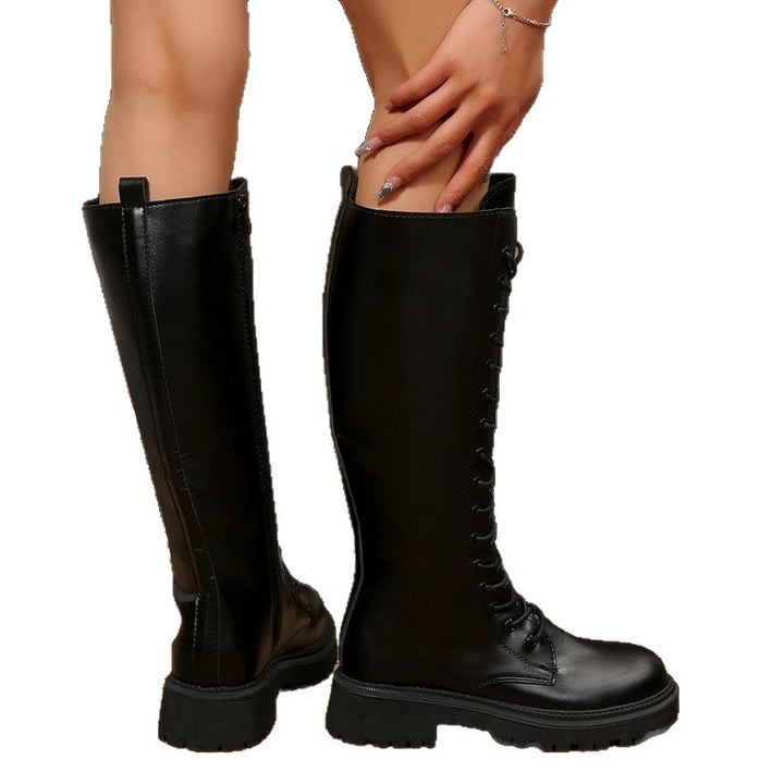 Damen knielange Schnür-Reitstiefel mit seitlichem Reißverschluss und profilierter Gummisohle Drune