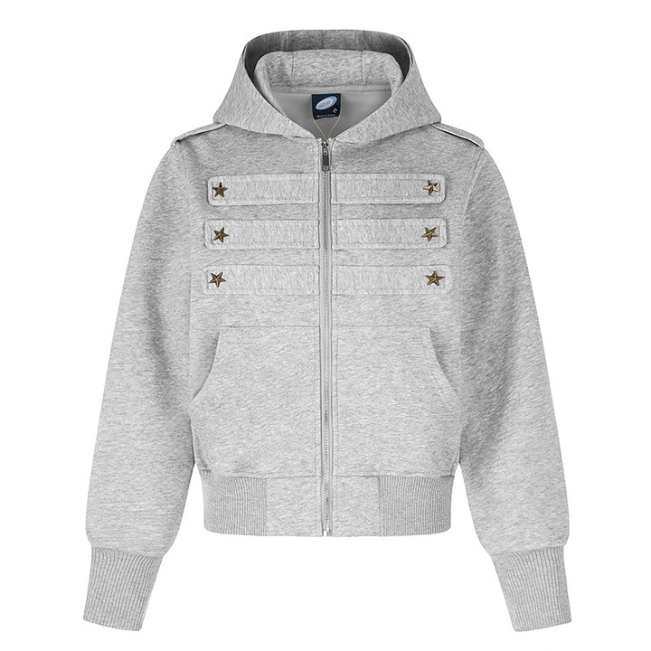Damen Kurz geschnittene Kapuzen-Sweatjacke im Military-Camo mit dekorativen Stern‑Strapdetails Drune