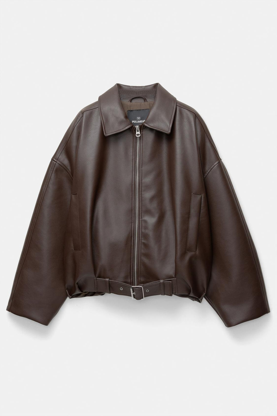Damen nan kurz geschnittene Kunstlederjacke mit durchgehendem Reißverschluss und taillierendem Gürtel Drune