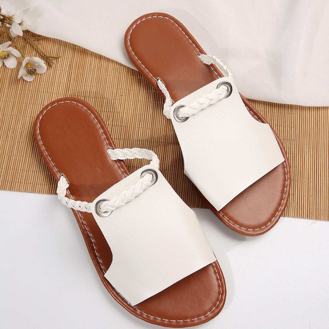 Damen nan elegante flache Pantolette mit breitem Obermaterial und geflochtenem Zehenriemen Drune