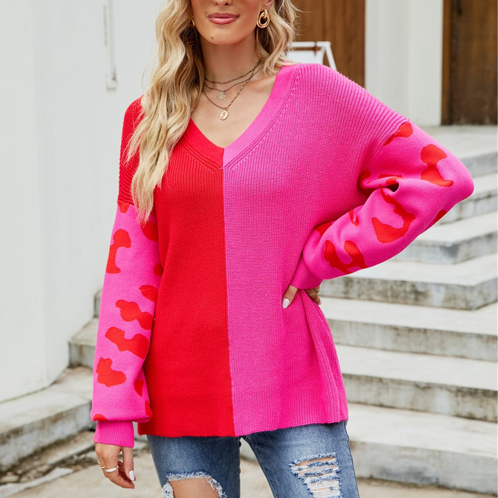 Damen farbenfroher Pullover im modischen Blockfarben-Design mit Leopardenmuster Drune