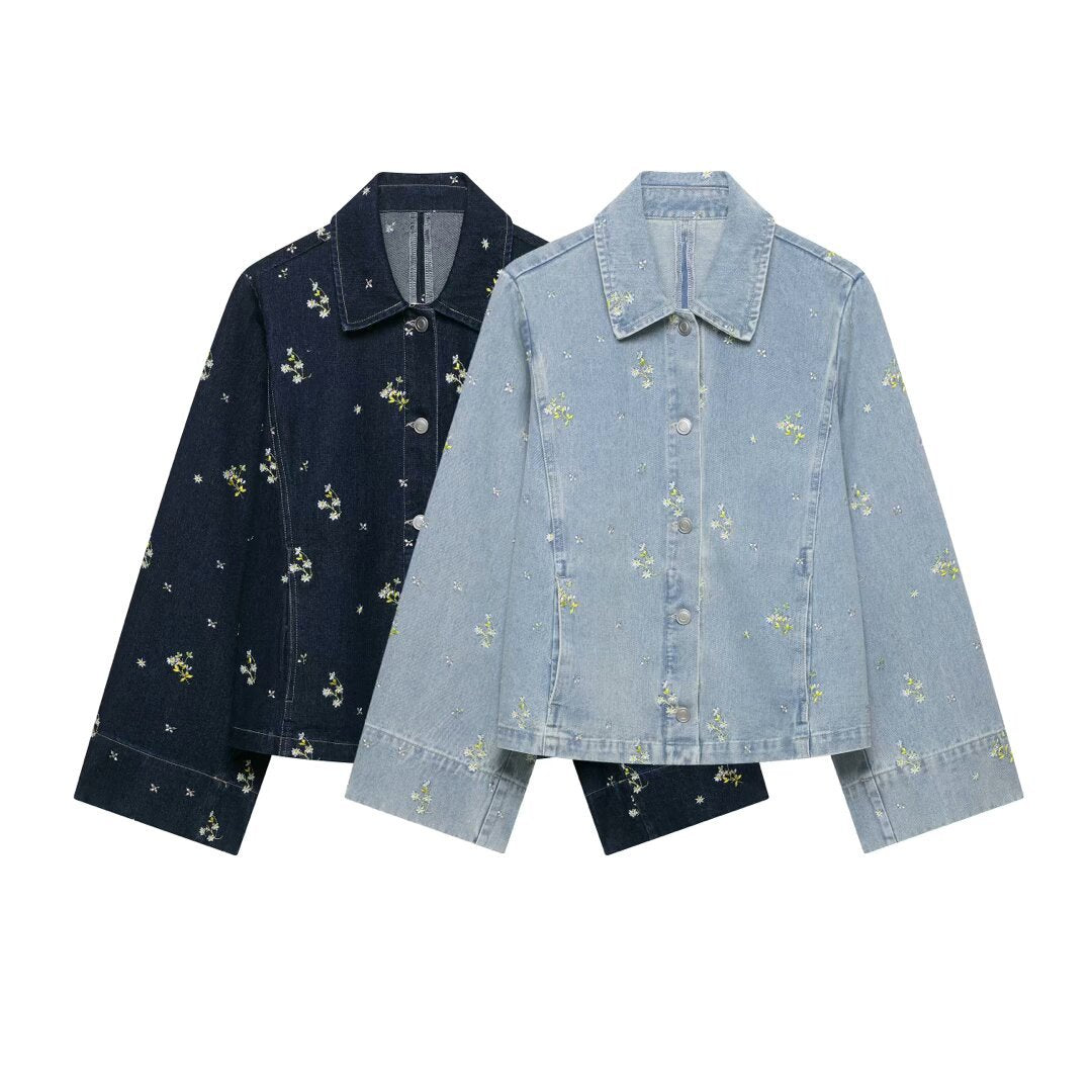Damen Jeansjacke mit floraler Stickerei und kastiger Silhouette Drune