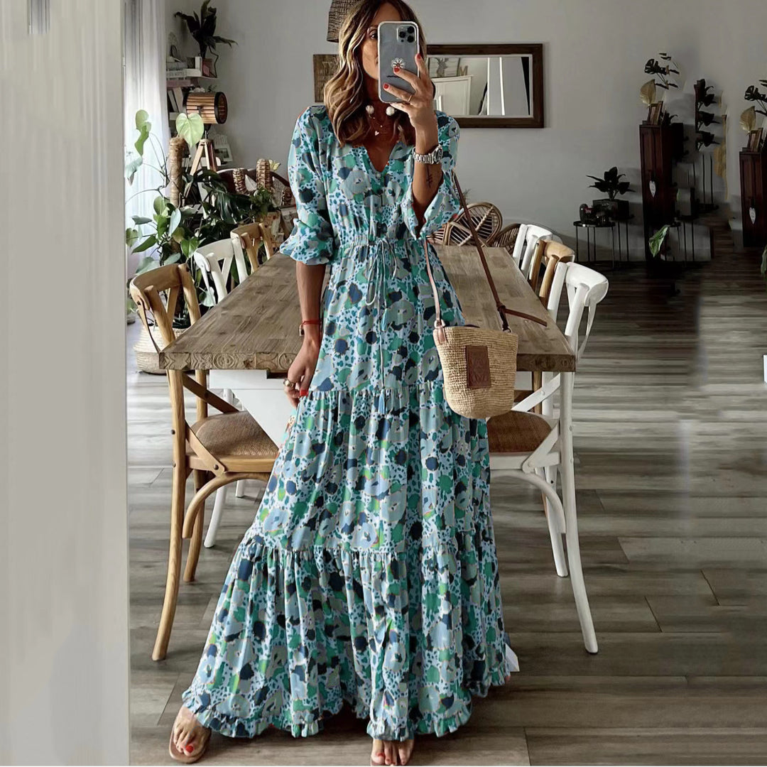 Damen Maxikleid mit Blumenprint, V‑Ausschnitt, Stufenvolant und Tunnelzugtaillen Drune