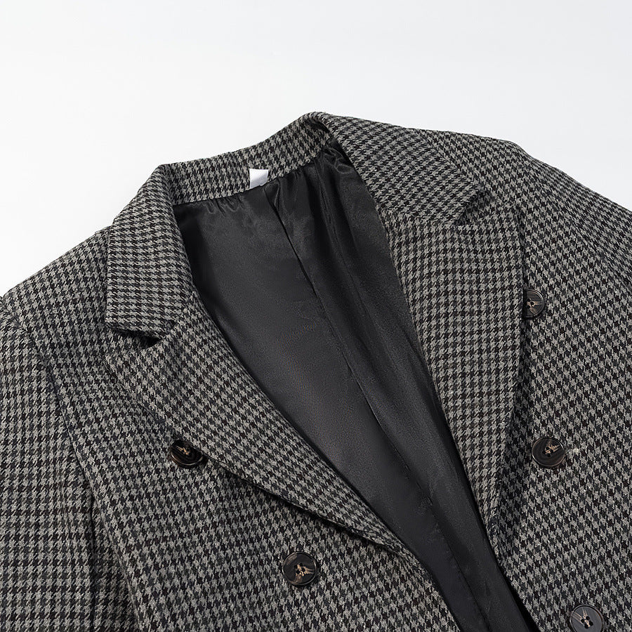 Damen Zweireihiger Hahnentritt-Blazer mit asymmetrischem Schwalbenschwanz-Saum Drune