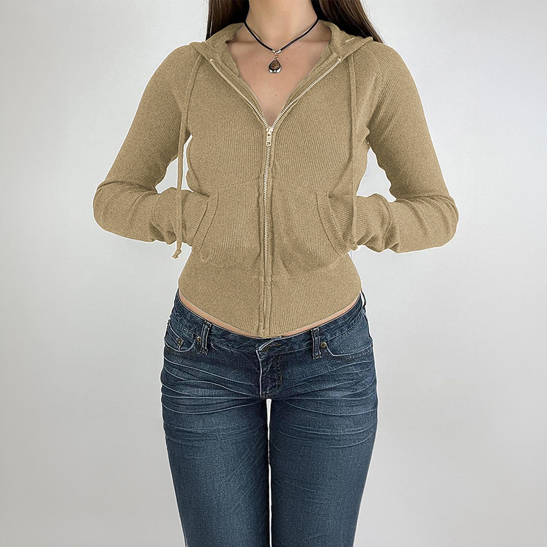 Damen nan schmal geschnittene Feinstrick-Hoodiejacke mit Metallzipper, Kängurutaschen und Daumenlochbündchen Drune