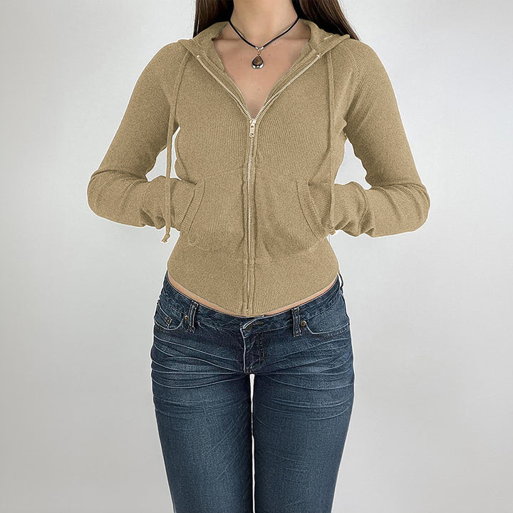 Damen nan schmal geschnittene Feinstrick-Hoodiejacke mit Metallzipper, Kängurutaschen und Daumenlochbündchen Drune