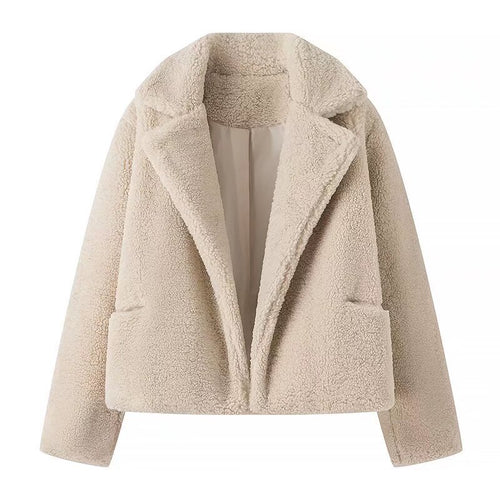 Damen Kurz geschnittene Teddy‑Boxyjacke mit Schalkragen und praktischen Eingrifftaschen Drune