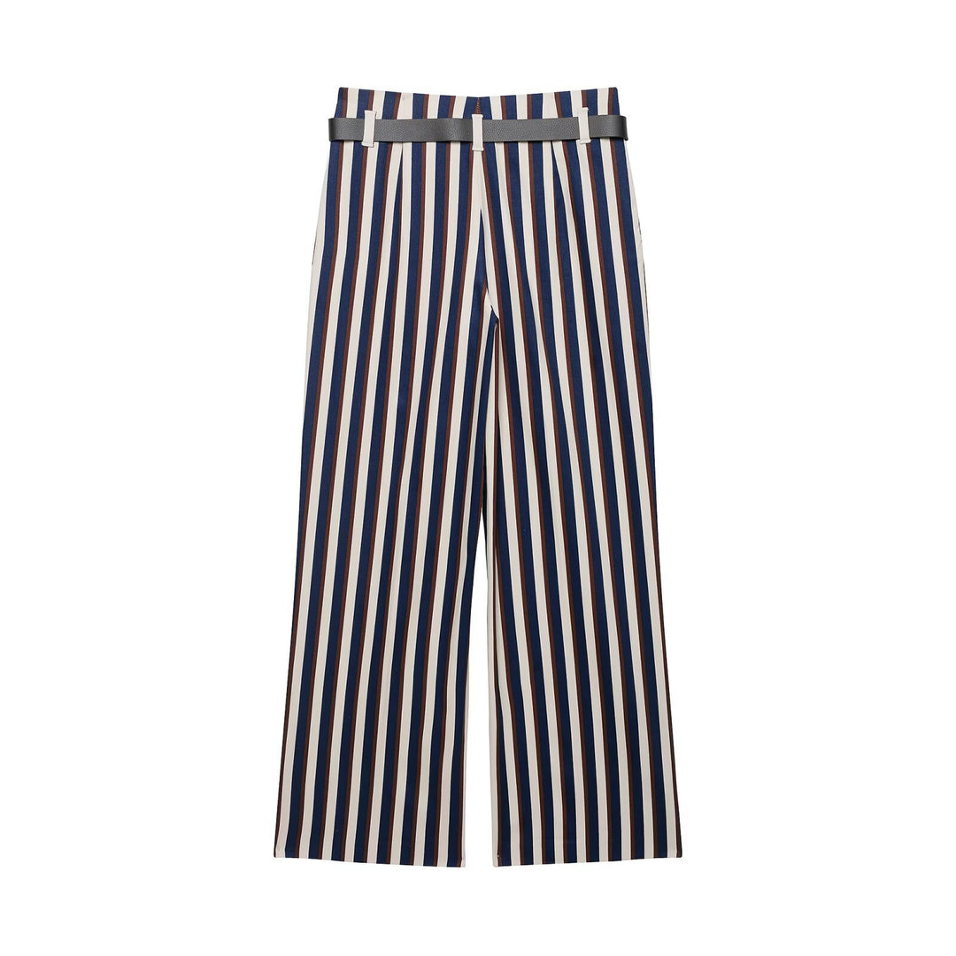 Damen Weite High‑Waist Culotte‑Hose mit verticalem Streifenmuster und Ziergürtel Drune