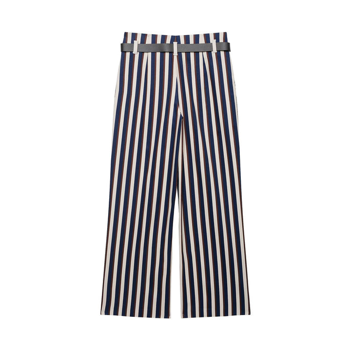Damen Weite High‑Waist Culotte‑Hose mit verticalem Streifenmuster und Ziergürtel Drune