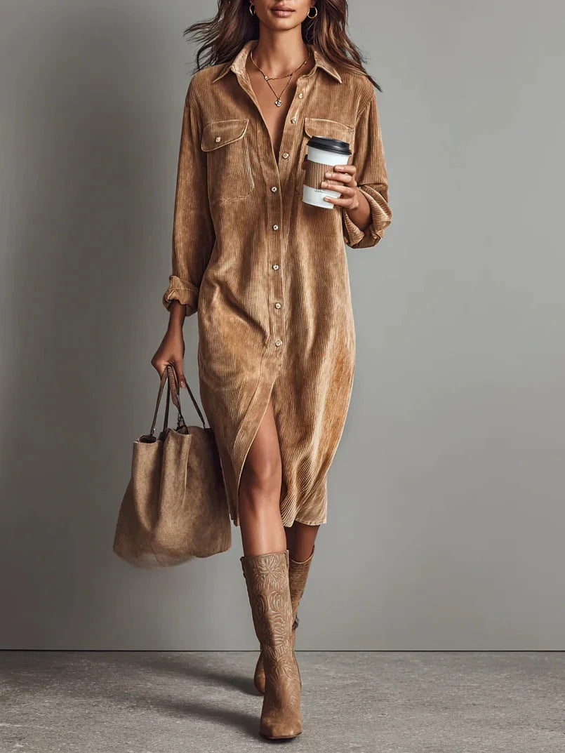 Damen Hemdblusenkleid aus Cord mit Brusttaschen, Knopfleiste und Schlitze Drune