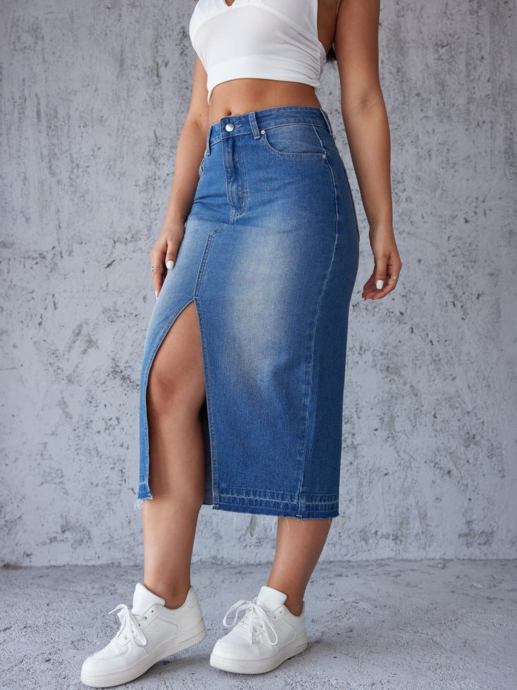 Damen nan figurbetonter Highwaist-Denim-Bleistiftrock mit vorderlichem Oberschenkelschlitz und rohem Saum Drune