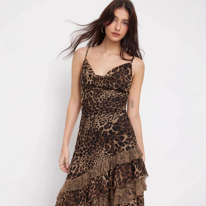 Damen elegantes Midikleid mit asymmetrischem Volant und Animal-Print Drune