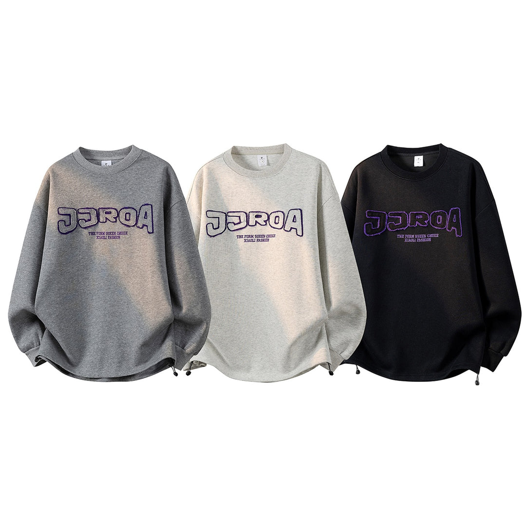 Damen Oversize-Sweatshirt mit gesticktem Schriftzug, abgerundetem Saum & überschnittener Schulter Drune