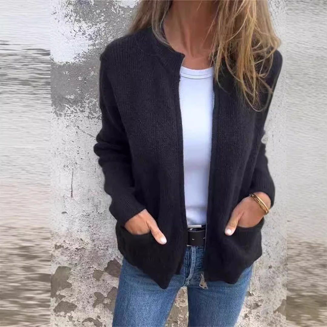 Damen Offene Strickjacke mit Rundhalsausschnitt, Eingrifftaschen und Relaxed-Fit Drune