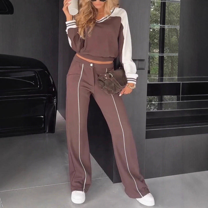Damen nan sportlich-elegantes Zweiteiler-Set aus Baumwollmix mit V-Ausschnitt Sweatpullover und hochgeschnittener Schlaghose Drune