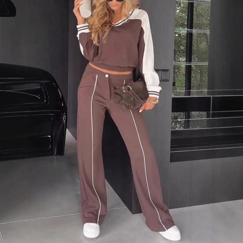 Damen nan sportlich-elegantes Zweiteiler-Set aus Baumwollmix mit V-Ausschnitt Sweatpullover und hochgeschnittener Schlaghose Drune