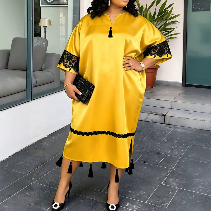 Damen elegantes Kaftankleid mit raffinierten Spitzenärmel und dekorativen Quasten Drune