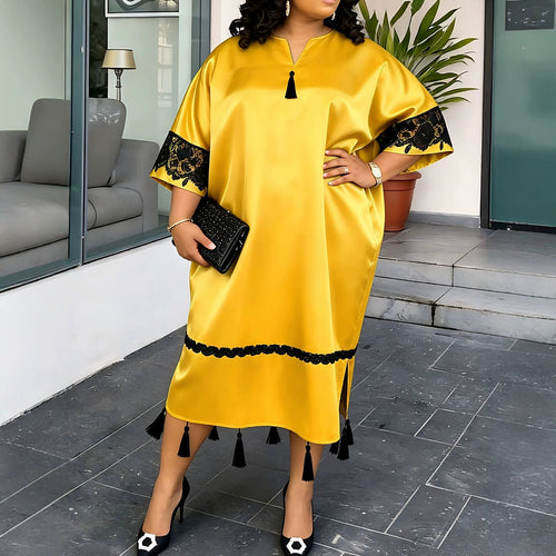 Damen elegantes Kaftankleid mit raffinierten Spitzenärmel und dekorativen Quasten Drune