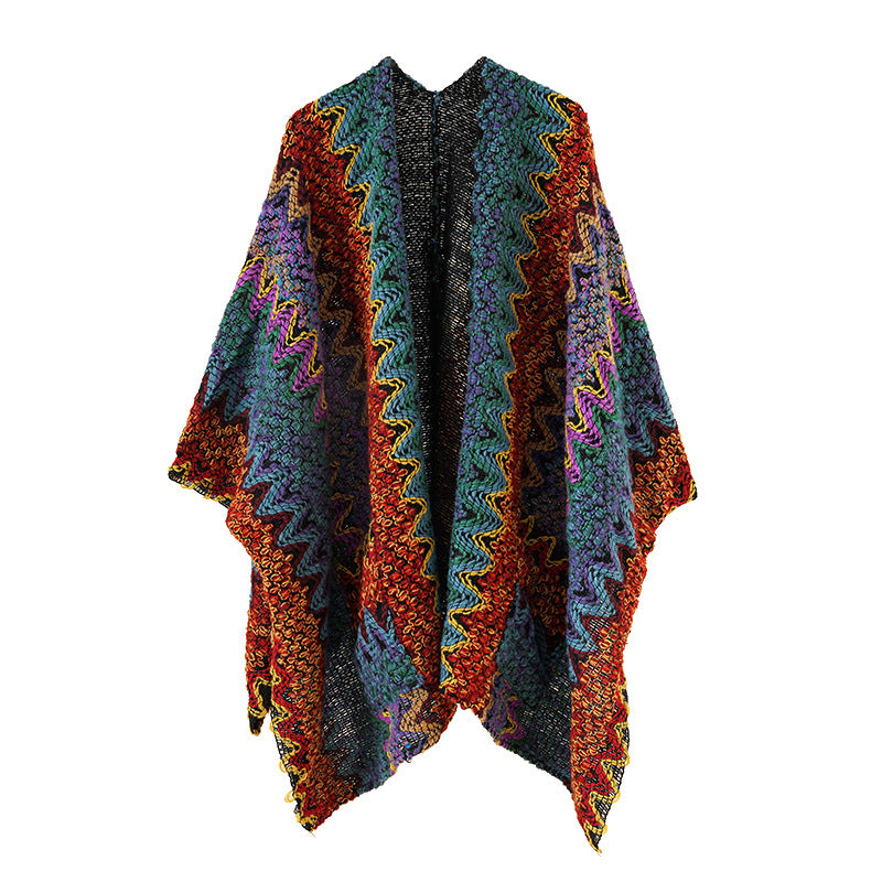 Damen Grobgestrickter Ethno-Ruana-Poncho mit Zickzack‑Jacquard und offenem Fall Drune