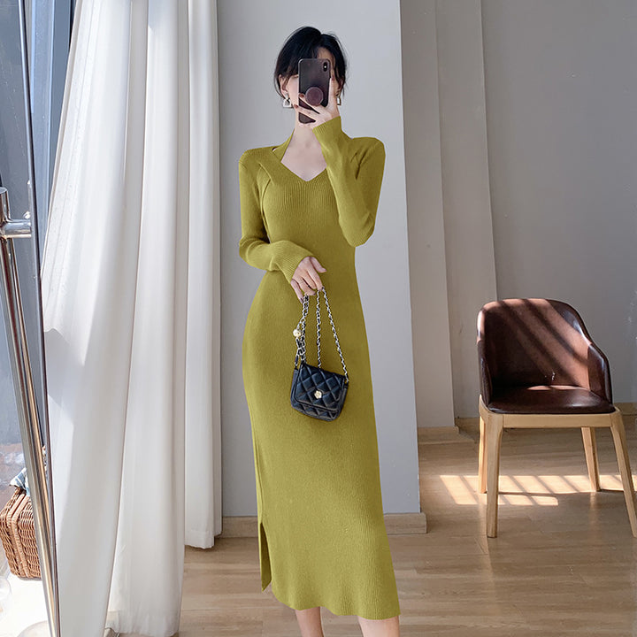 Damen Strickkleid mit V-Ausschnitt und seitlichen Schlitzen Drune